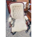19TH CENTURY MAHOGANY BUTTON BACK GENTLEMAN'S ARMCHAIR ON TURNED SUPPORTS