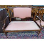 LATE 19TH CENTURY INLAID MAHOGANY PARLOUR SETTEE ON SQUARE SUPPORTS 124CM WIDE