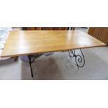 OAK KITCHEN TABLE ON WROUGHT IRON METAL SUPPORTS 180CM LONG