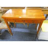 YEW WOOD TURNOVER TEA TABLE ON SQUARE SUPPORTS,