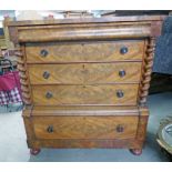 19TH CENTURY MAHOGANY OGEE CHEST OF 5 LONG DRAWERS ON BUN FEET 144CM TALL