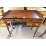 19TH CENTURY MAHOGANY SIDE TABLE WITH GALLERY BACK OVER 2 DRAWERS ON TURNED SUPPORTS.