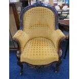 MAHOGANY FRAMED ARMCHAIR ON CABRIOLE SUPPORTS Condition Report: Fabric is faded in