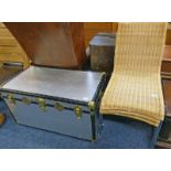 METAL TRUNK & 3 BASKET WORK CHAIRS