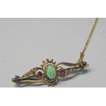 19TH CENTURY OPAL SEED PEARL & GARNET SET BROOCH MARKED 9CT IN FITTED CASE