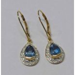 PAIR OF DIAMOND & BLUE STONE SET 9CT GOLD PENDANT EARDROPS Condition Report: Length: