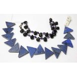 DUMORTIERITE TRIANGULAR NECKLACE AND A BLACK ONYX & AMETHYST BEAD NECKLACE