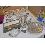 SELECTION OF SILVER PLATED WARE INCLUDING PAIR OF CANDLESTICKS, CRUET SETS, CASED FISH SERVERS,