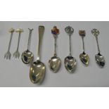 SILVER TEASPOONS AND 2 SILVER AND MOTHER OF PEARL PICKLE FORKS 3 OZS