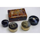 19TH CENTURY TORTOISESHELL & WHITE METAL INLAID TRINKET BOX, CIRCULAR BOX WITH GOLD DECORATION,