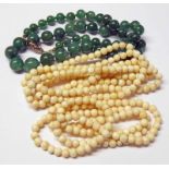 2 IVORY BEAD NECKLACES & GREEN HARDSTONE BEAD NECKLACE