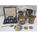 CASED SILVER BOWL & SPOON, 2 SILVER CHRISTENING MUGS, CASED SET OF 6 SILVER SPOONS,