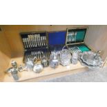 VARIOUS SILVER PLATED WARE TO INCLUDE PART MOTHER OF PEARL HANDLED CUTLERY, TEAPOT, SUGAR,