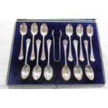 CASED SET OF 12 SILVER SPOONS & TONGS,