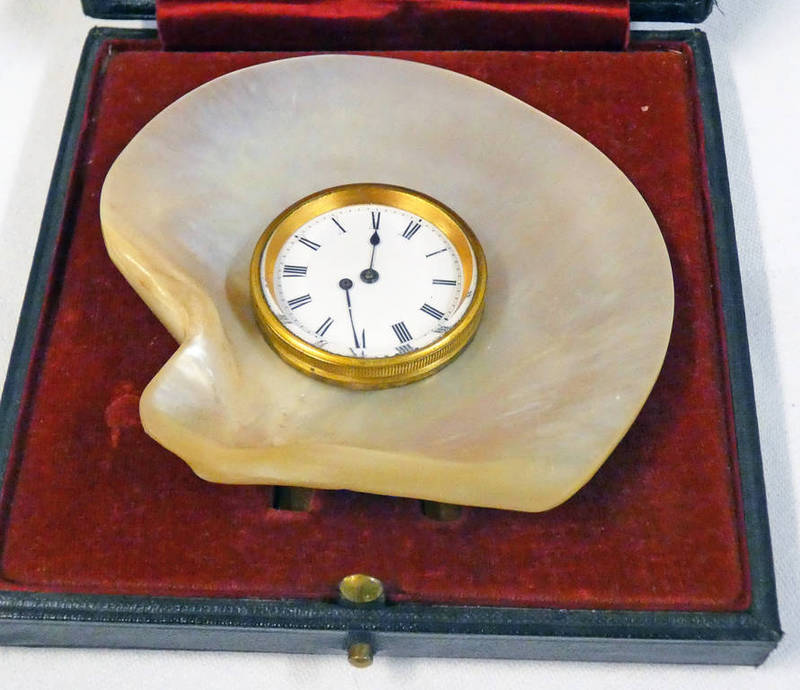 MOTHER OF PEARL SHELL CASED FOB WATCH INSCRIBED TO REVERSE HALEY TEDDINGTON IN FITTED CASE