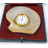 MOTHER OF PEARL SHELL CASED FOB WATCH INSCRIBED TO REVERSE HALEY TEDDINGTON IN FITTED CASE