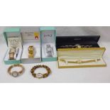 SELECTION OF 8 WRIST WATCHES INCLUDING ONE MOTHER OF PEARL FACED SILVER GILT BRACELET WATCH AND