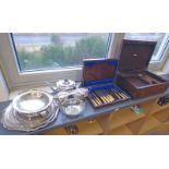 3 PIECE SILVER PLATED TEASET , VARIOUS SILVER PLATED SALVERS,