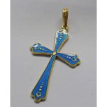 18CT GOLD BLUE ENAMELLED CROSS Condition Report: 4.2 grams, 3.6cm long and 2.