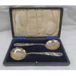 PAIR OF CASED SILVER SERVING SPOONS,