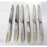 6 SILVER MOTHER OF PEARL HANDLED FRUIT KNIVES,