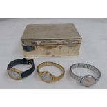 SILVER BOX & 3 WRIST WATCHES