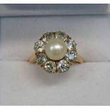 CULTURED PEARL & DIAMOND CLUSTER RING, THE OLD BRILLIANT-CUT DIAMONDS OF APPROX 1.
