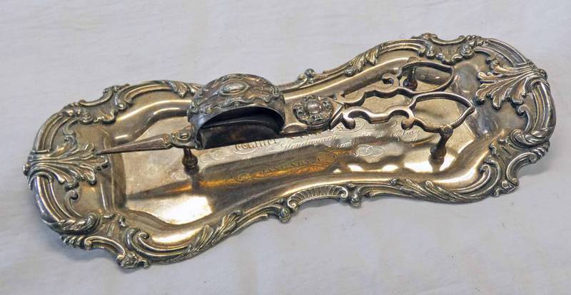 SILVER PLATED CANDLE SNUFFER & TRAY PRESENTED TO WALTER SCOTT, GLENDRONACH,