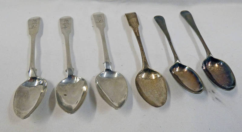 3 SILVER TEASPOONS, EDINBURGH 1823 & MARKED CAMERON, DUNDEE & 3 OTHERS,