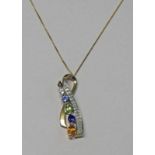 9CT GOLD DIAMOND & GEM SET PENDANT ON FINE 9CT GOLD CHAIN