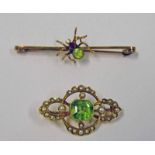 PERIDOT SET SPIDER BROOCH MARKED 9CT, PEARL & PERIDOT ST BROOCH MARKED 15CT.