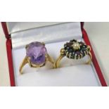 9CT GOLD PEARL & GARNET CLUSTER RING & AMETHYST SET RING