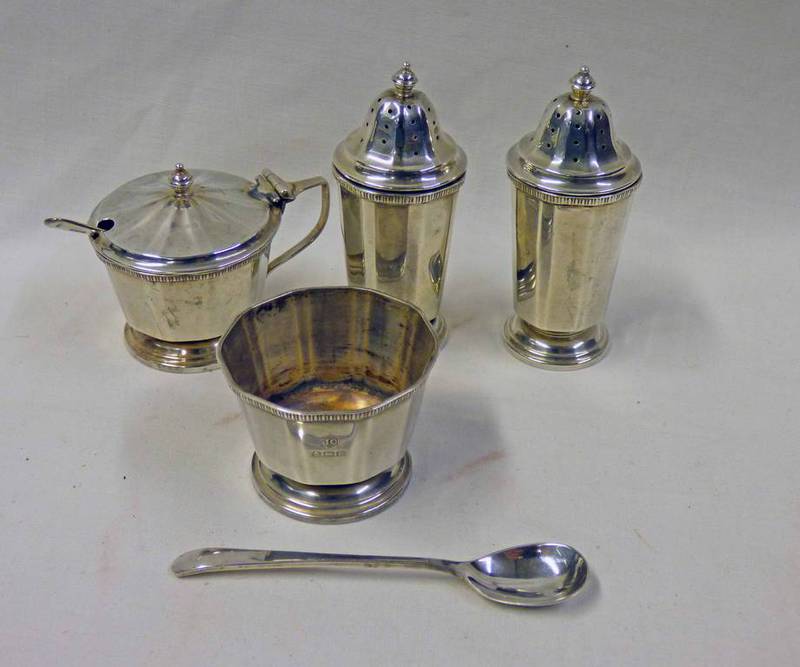 4 PIECE SILVER CRUET SET WITH ONE SILVER SPOON BIRMINGHAM 1929