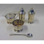 4 PIECE SILVER CRUET SET WITH ONE SILVER SPOON BIRMINGHAM 1929