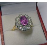 PINK SAPPHIRE & DIAMOND CLUSTER RING,