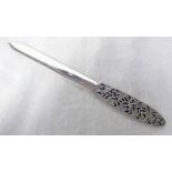 SILVER PAPER KNIFE WITH PIERCED FOLIATE HANDLE,