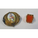 OVAL 19TH CENTURY BROOCH WITH PORCELAIN PANEL & CHALCEDONY SET RING MARKED 9CT