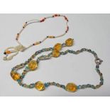 ARTS & CRAFTS STYLE NECKLACES WITH CULTURED PEARL BEADS AND CITRINE NUGGET AND SMOKY QUARTZ.