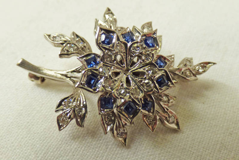 SAPPHIRE & DIAMOND SET FLORAL SPRAY BROOCH