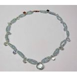 AQUAMARINE & PEARL LOOP NECKLACE WITH CLASP MARKED 10K BY COLEMAN DOUGLAS PEARLS.