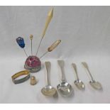 2 SILVER DESSERT SPOONS, 2 SILVER TEASPOONS, WT 3 0ZS, NAPKIN RING, SILVER THIMBLE,