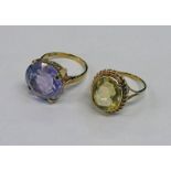 9CT GOLD AMETHYST SET RING & A CITRINE SET RING