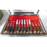 CASED SET OF 6 STAG HORN HANDLED STEAK KNIVES & FORKS WITH CARVING SET