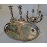 PAIR OF 19TH CENTURY SILVER PLATED THISTLE EMBOSSED CANDLESTICKS, OVAL GALLERIED TRAY,