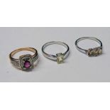 9CT GOLD AMETHYST & DIAMOND SET CLUSTER RING & 2 SILVER RINGS