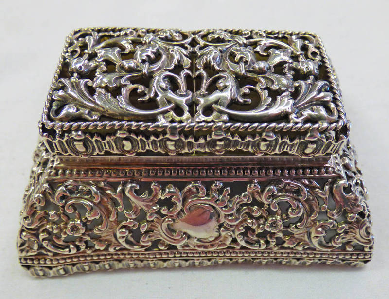 SILVER DOUBLE STAMP BOX MARKED STERLING WITH FLORAL PIERCED WORK DECORATION