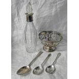 SILVER PIERCED WORK BASKET, BIRMINGHAM, 1924 SILVER TOPPED CUT GLASS BOTTLE,