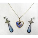 PAIR OF ENAMELLED PENDANT EARRINGS MARKED 925 & GILDED HEART PENDANT WITH CHERUB PANEL ON 9CT GOLD