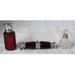 19TH CENTURY DOUBLED ENDED RED CUT GLASS SCENT BOTTLES, ONE OTHER RUBY GLASS SCENT BOTTLE,