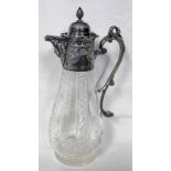 CUT GLASS CLARET JUG WITH SILVER PLATED MOUNTS